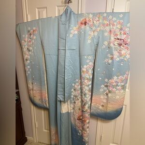 Preowned light blue sakura pattern furisode kimono